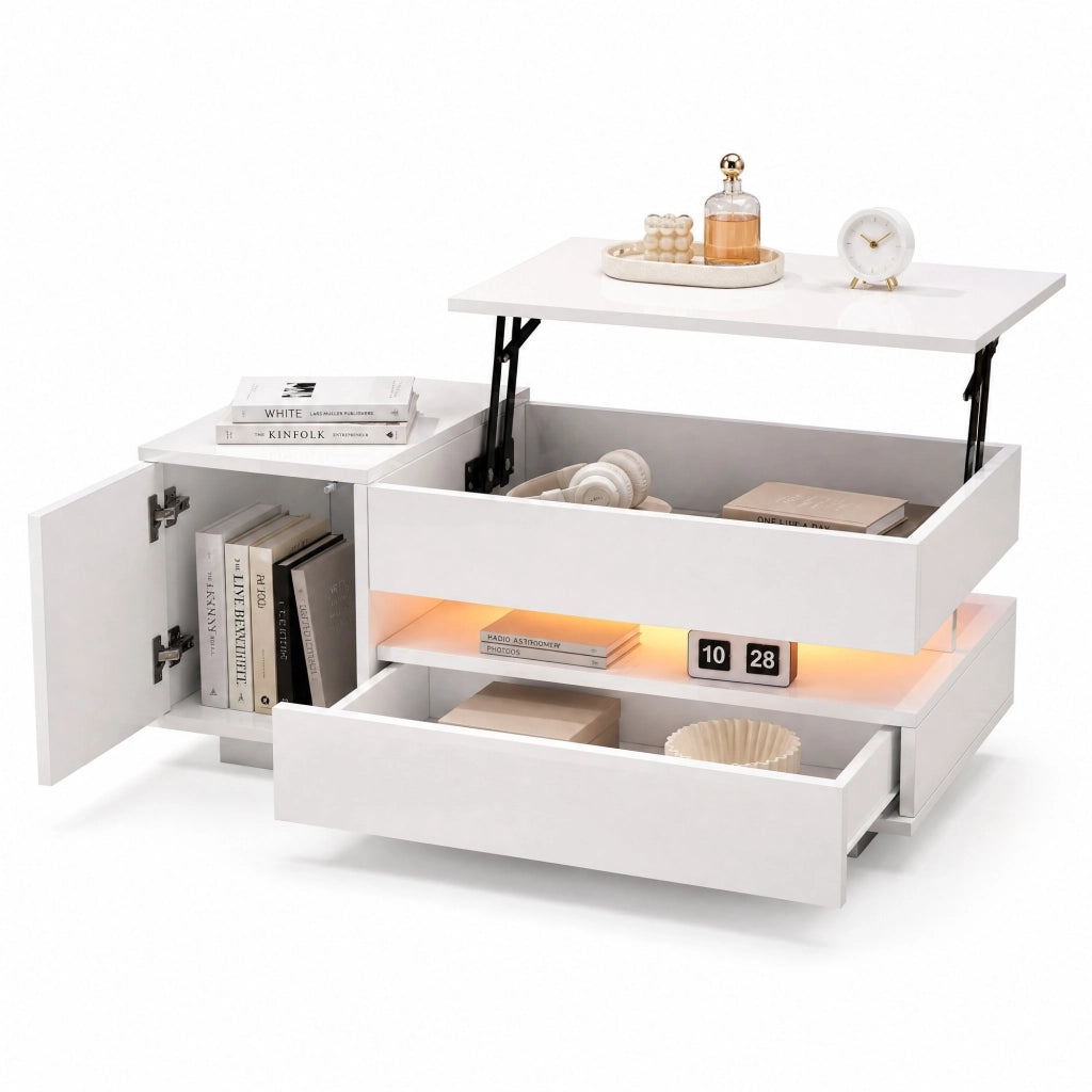 Tavolino da salotto elevabile con LED; cassetto e vani contenitore; 95 x 50 x 34;5 cm; bianco lucido