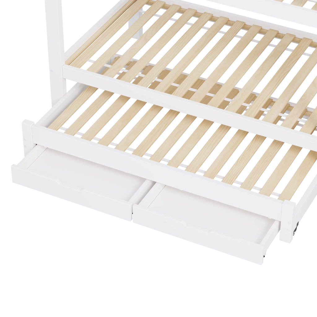Letto a castello 90 × 200 cm con letto estraibile e scala contenitore con armadio integrato in legno bianco