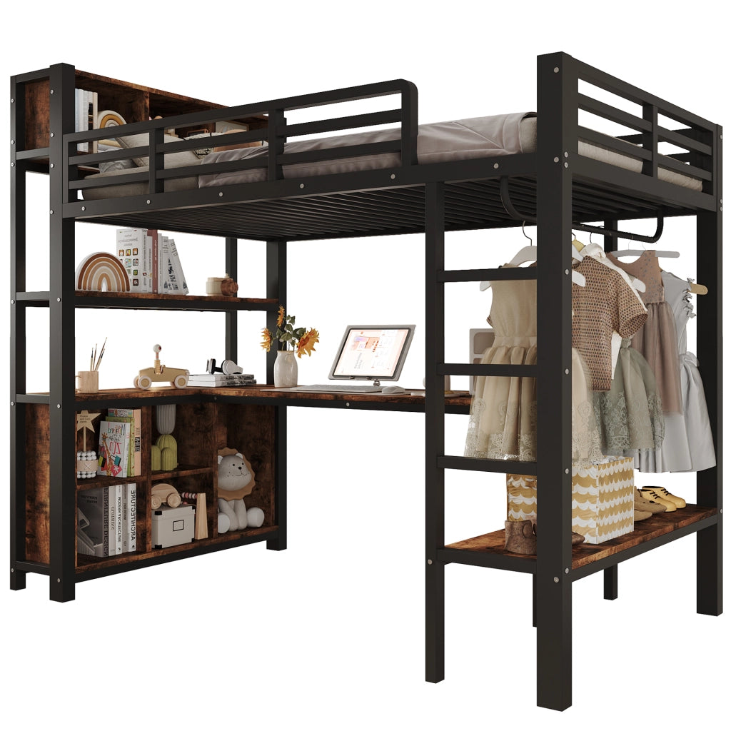 Letto a soppalco per bambini 90x200 cm con scrivania; appendiabiti; ripiani e vani; metallo e MDF nero