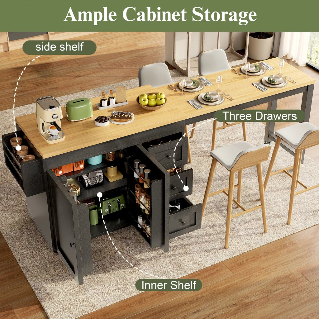 Mobile base da cucina con piano allungabile; 3 cassetti; armadio e ruote in MDF nero 116–179.5 × 45 × 89 cm