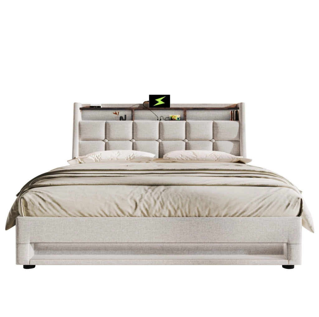Letto imbottito beige chiaro 140 x 200 cm con LED, USB e contenitore