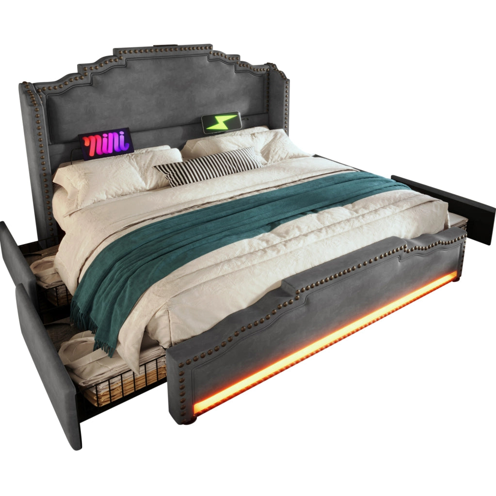 Letto 160x200 cm con 4 cassetti; LED e USB Type-C in velluto grigio