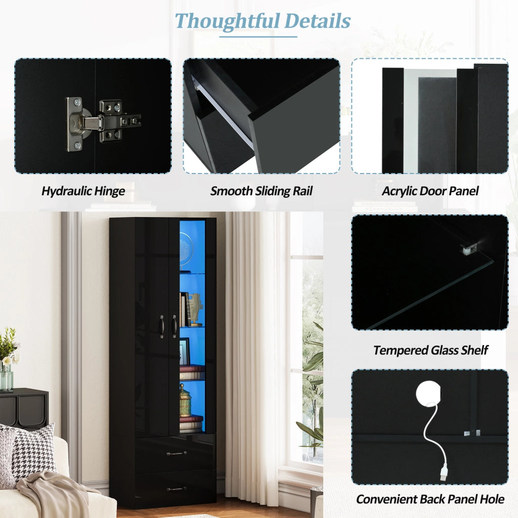 Vetrina LED con 2 ante, 2 cassetti e ripiani, nera, per soggiorno e studio, in pannello truciolare, 59.5 × 35 × 182 cm