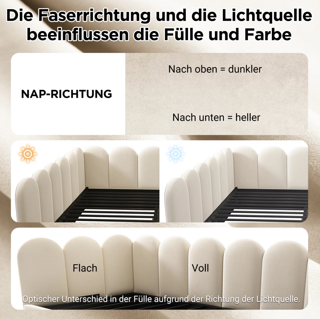 Letto da giorno 90x200 cm in velluto beige con contenitore idraulico e rete a doghe in ferro