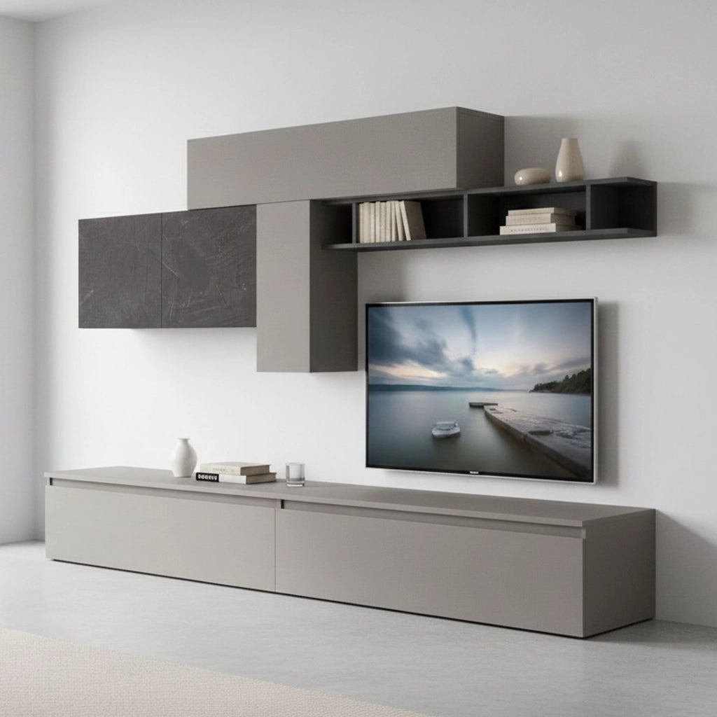 Parete attrezzata Anacamptis, Composizione soggiorno, Mobile salotto multiuso, Armadio porta TV, Made in Italy, 276x40 h180 cm, Ardesia e Grigio scuro