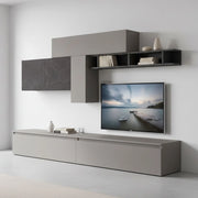 Parete attrezzata Anacamptis, Composizione soggiorno, Mobile salotto multiuso, Armadio porta TV, Made in Italy, 276x40 h180 cm, Ardesia e Grigio scuro