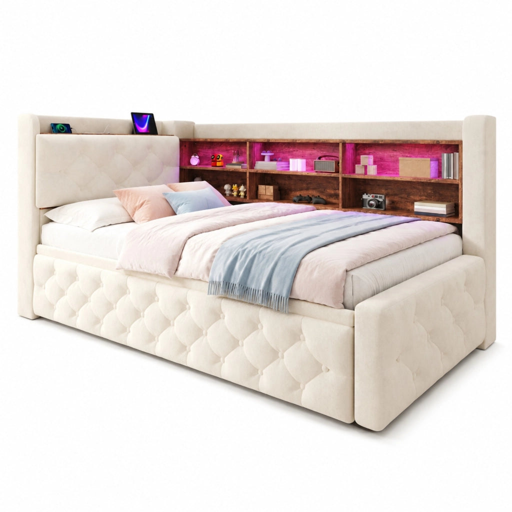 Letto divano estraibile 90 × 190 cm 1 posto con LED, USB, Type-C e vano nel bracciolo, senza materasso, velluto, beige
