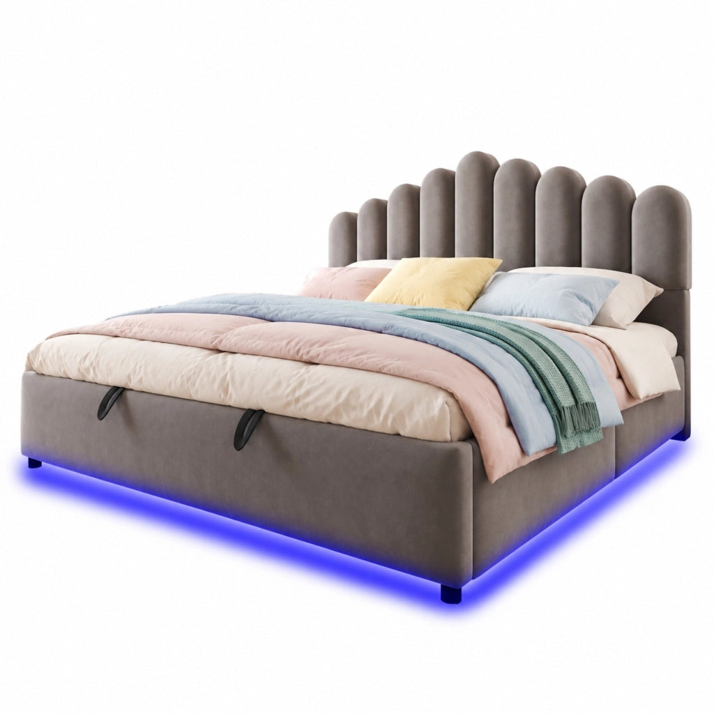 Letto contenitore 180x200 cm in velluto grigio con LED, senza materasso –
