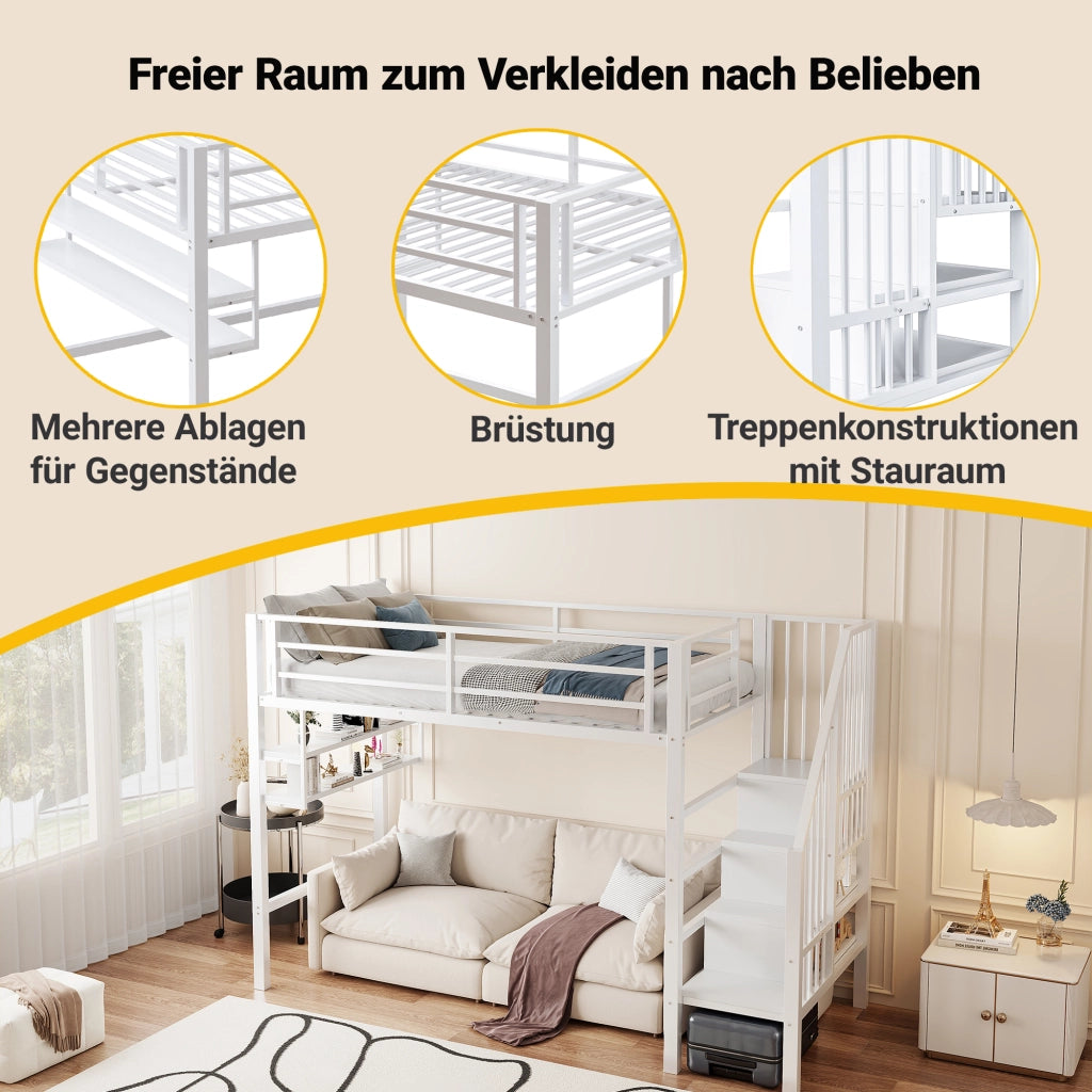 Letto a Soppalco 90x200 cm in metallo con Ripiani Bianco
