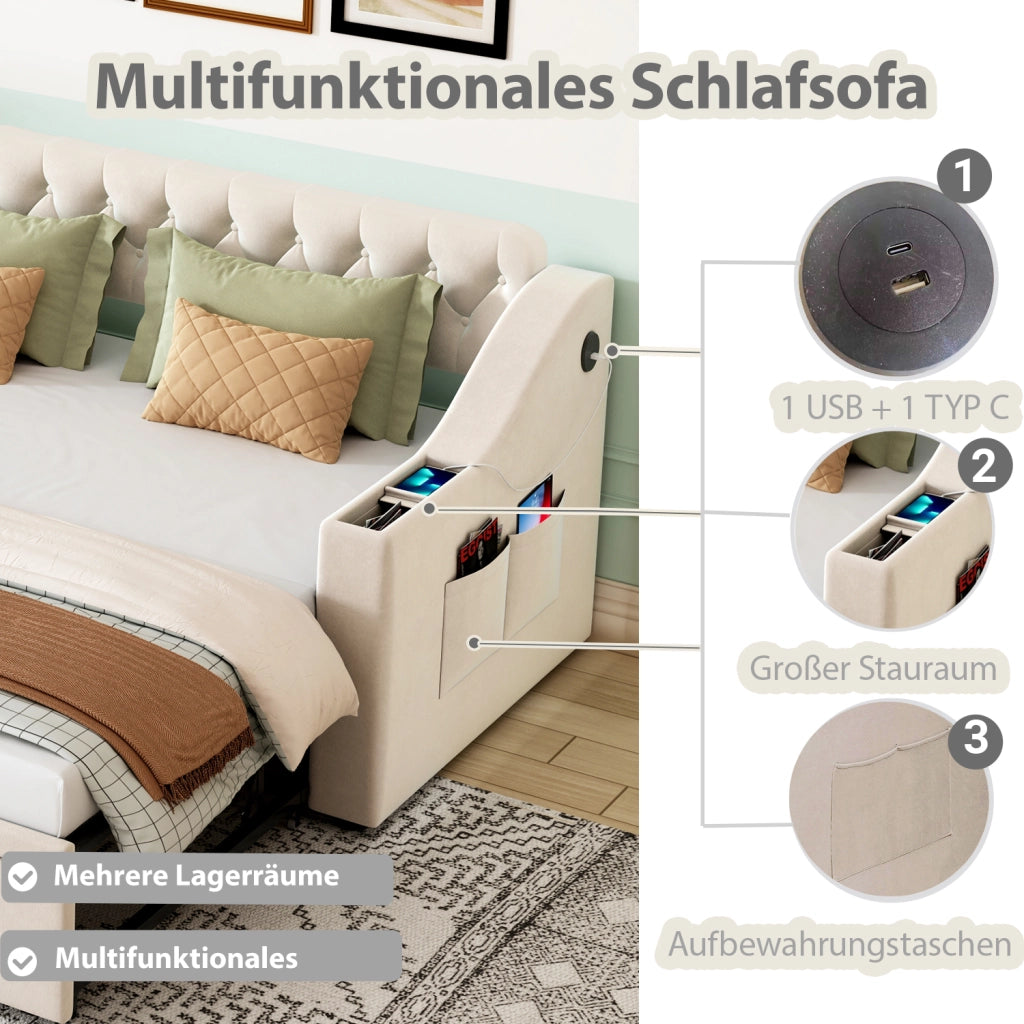 Divano letto 90 × 190 cm estraibile con apertura idraulica; velluto beige; USB e porta Type-C