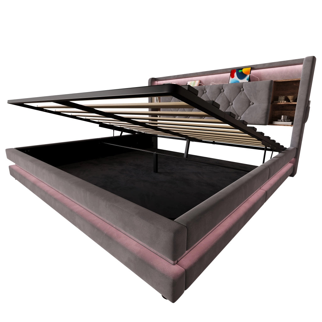 Letto contenitore con testiera multifunzione LED USB e Type-C rivestito in velluto grigio scuro