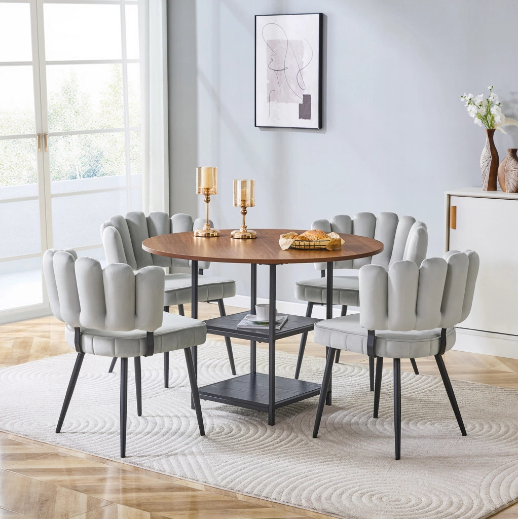 Set tavolo da pranzo rotondo Ø107 cm con 4 sedie in tessuto grigio chiaro e ripiani HOMVRA