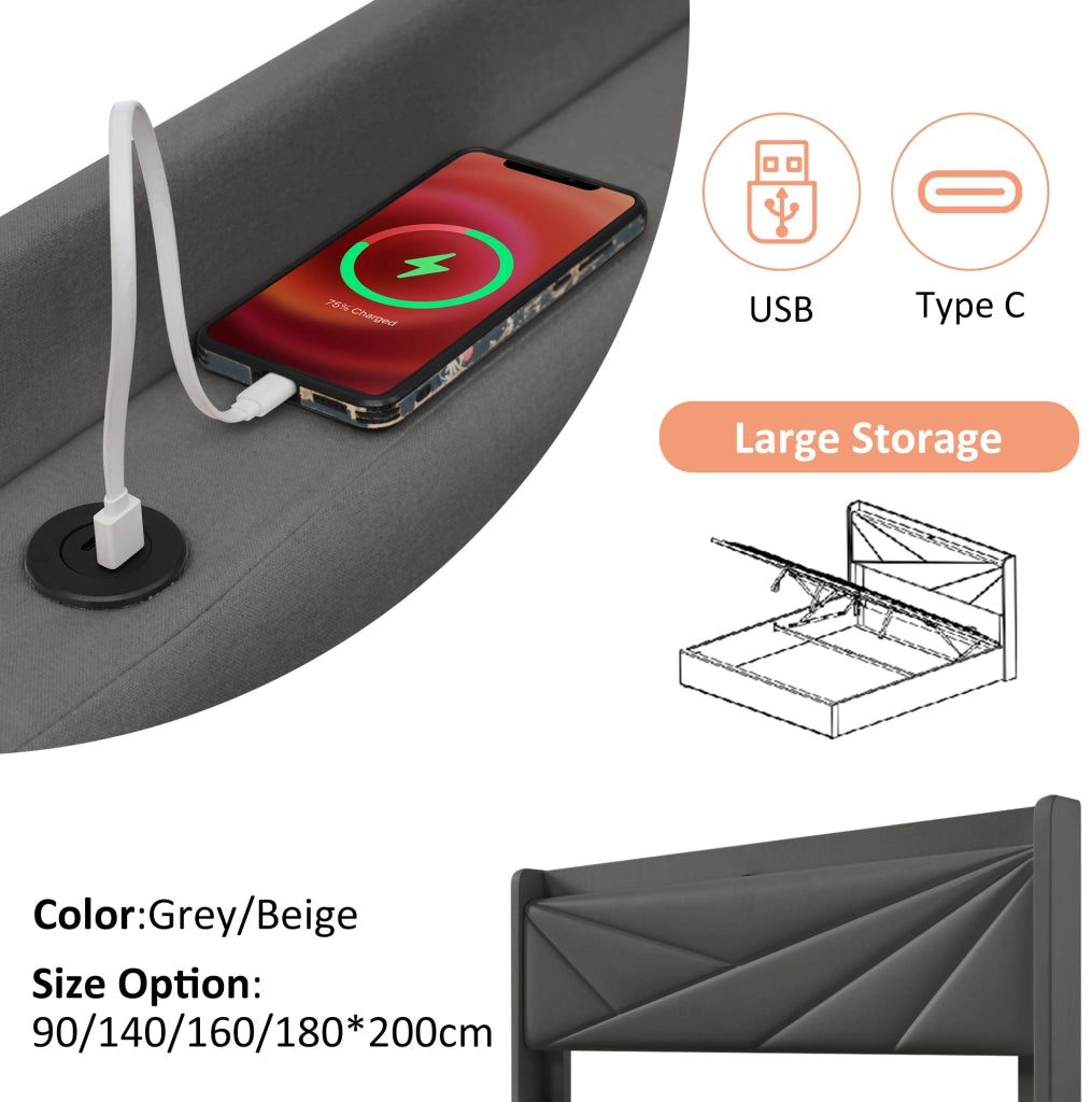 Letto matrimoniale 180x200 cm con contenitore, testiera con USB e Type-C, grigio in cotone e lino