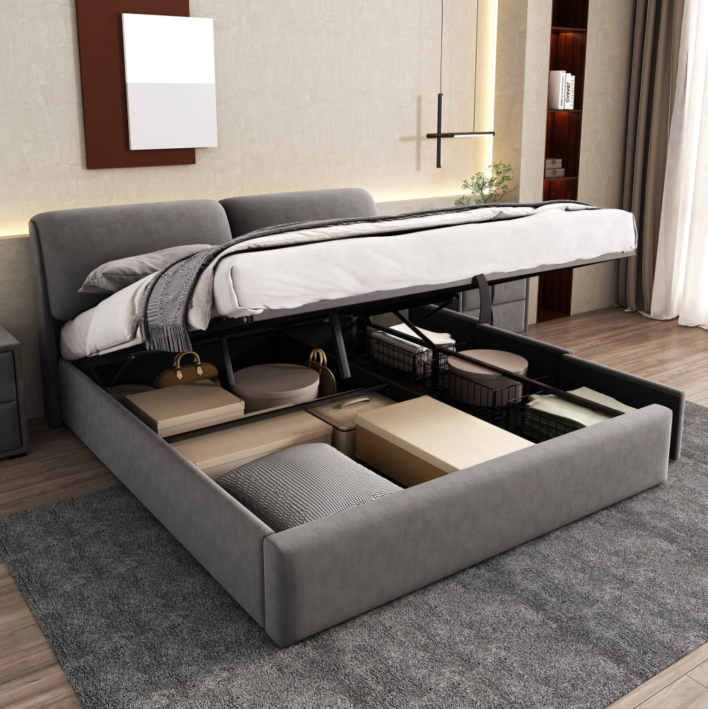 Letto imbottito 180x200 cm con contenitore idraulico, 3 cassetti e testiera in velluto grigio, senza materasso
