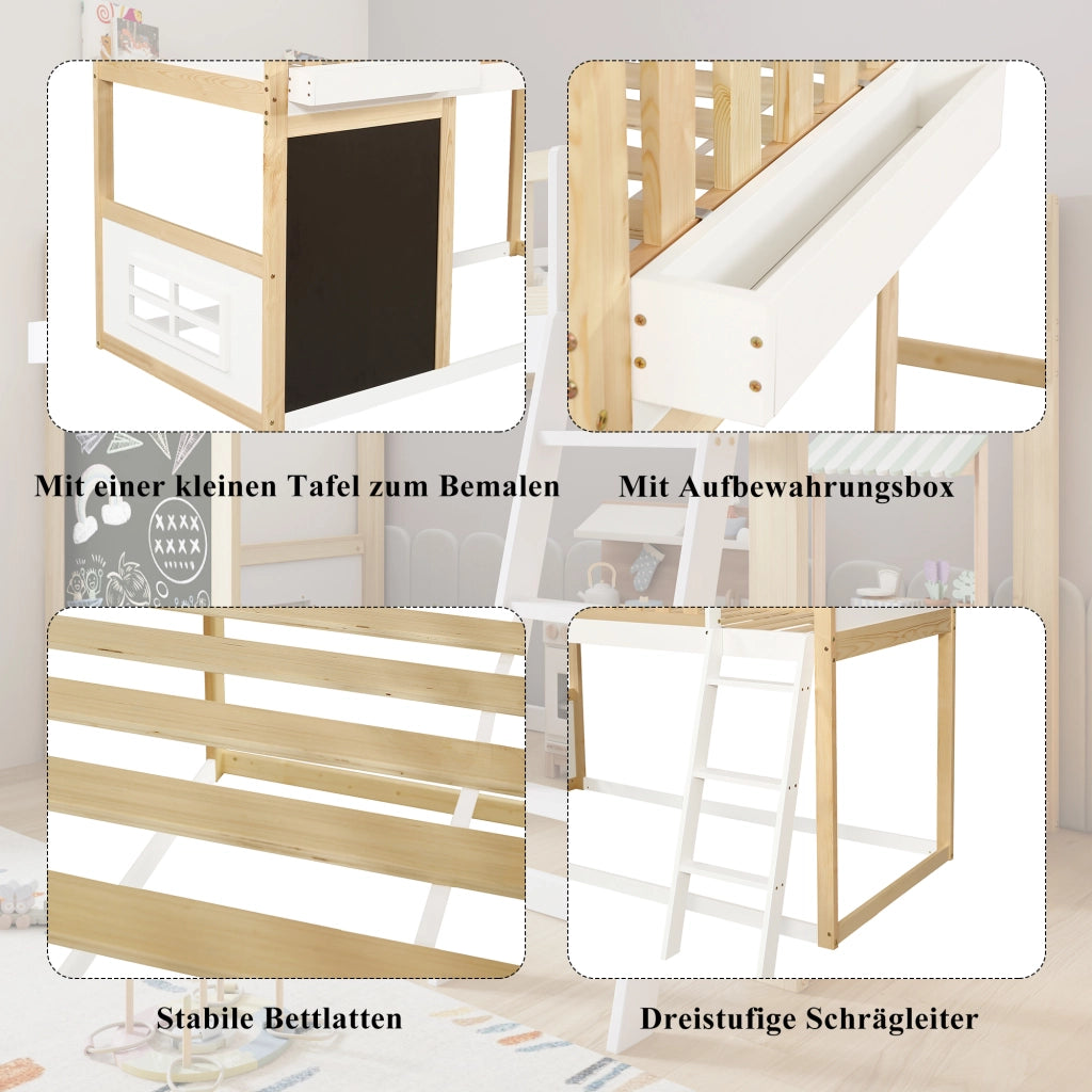 Letto a soppalco 90 × 200 cm con lavagna contenitore e scala inclinata in legno e MDF bianco naturale
