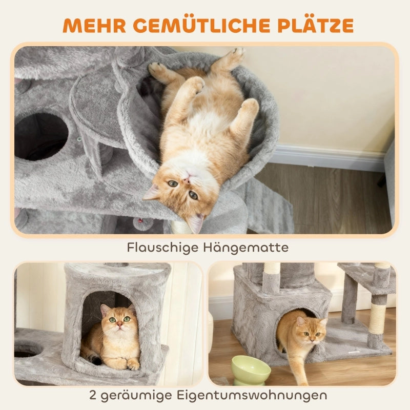 Tiragraffi alto 170 cm con tunnel verticale; 2 cucce; amaca; scala e pali in sisal; grigio chiaro per 1-3 gatti