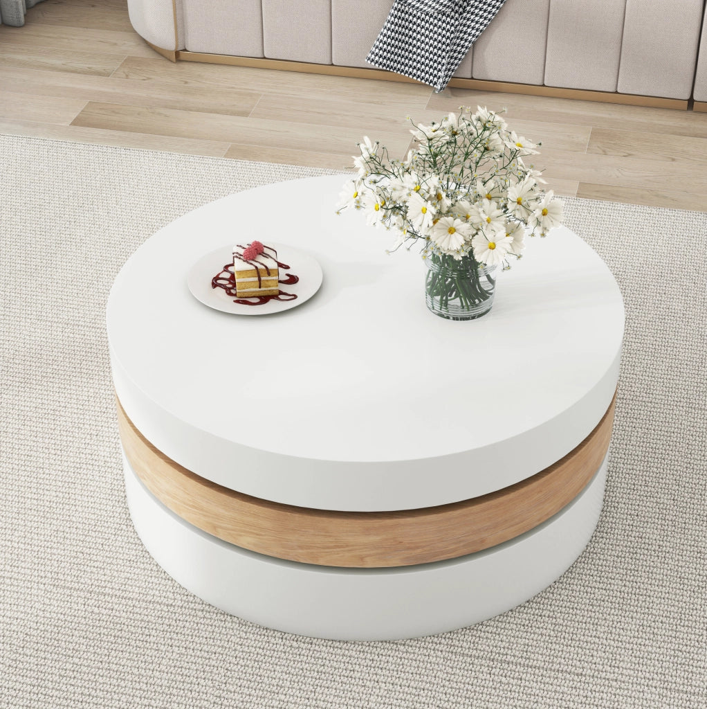 Tavolino da caffè rotondo girevole a 360° 60 x 60 x 35;1 cm; bianco e naturale; in MDF