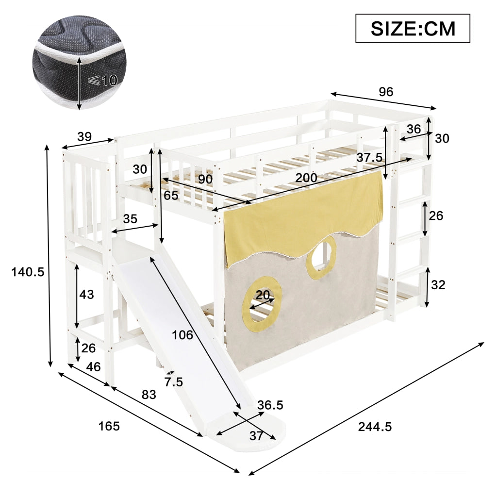 Letto a castello per bambini 90x200 cm con scivolo, scala, tenda e protezioni, bianco