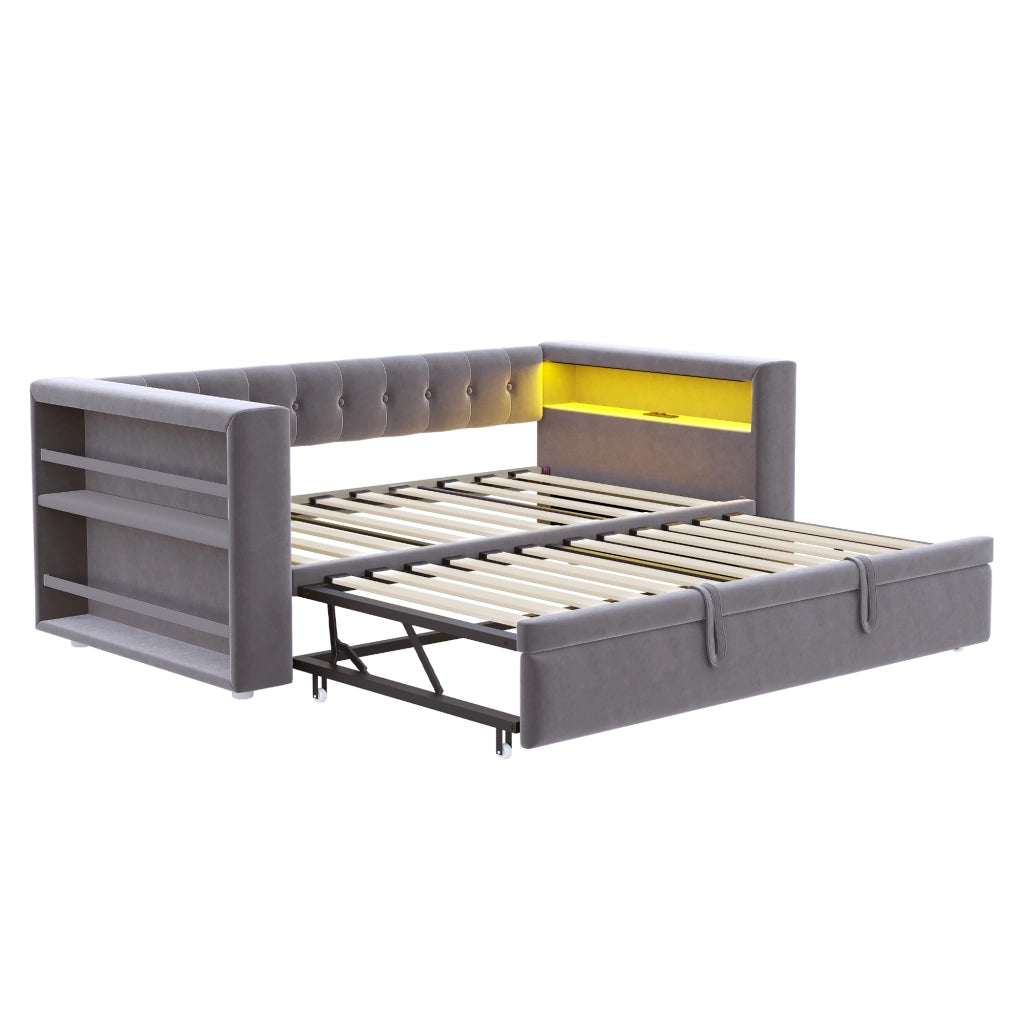 Letto estraibile 90 x 190 cm, divano letto con illuminazione LED, porte USB, tessuto flanella grigio scuro, rete a doghe inclusa