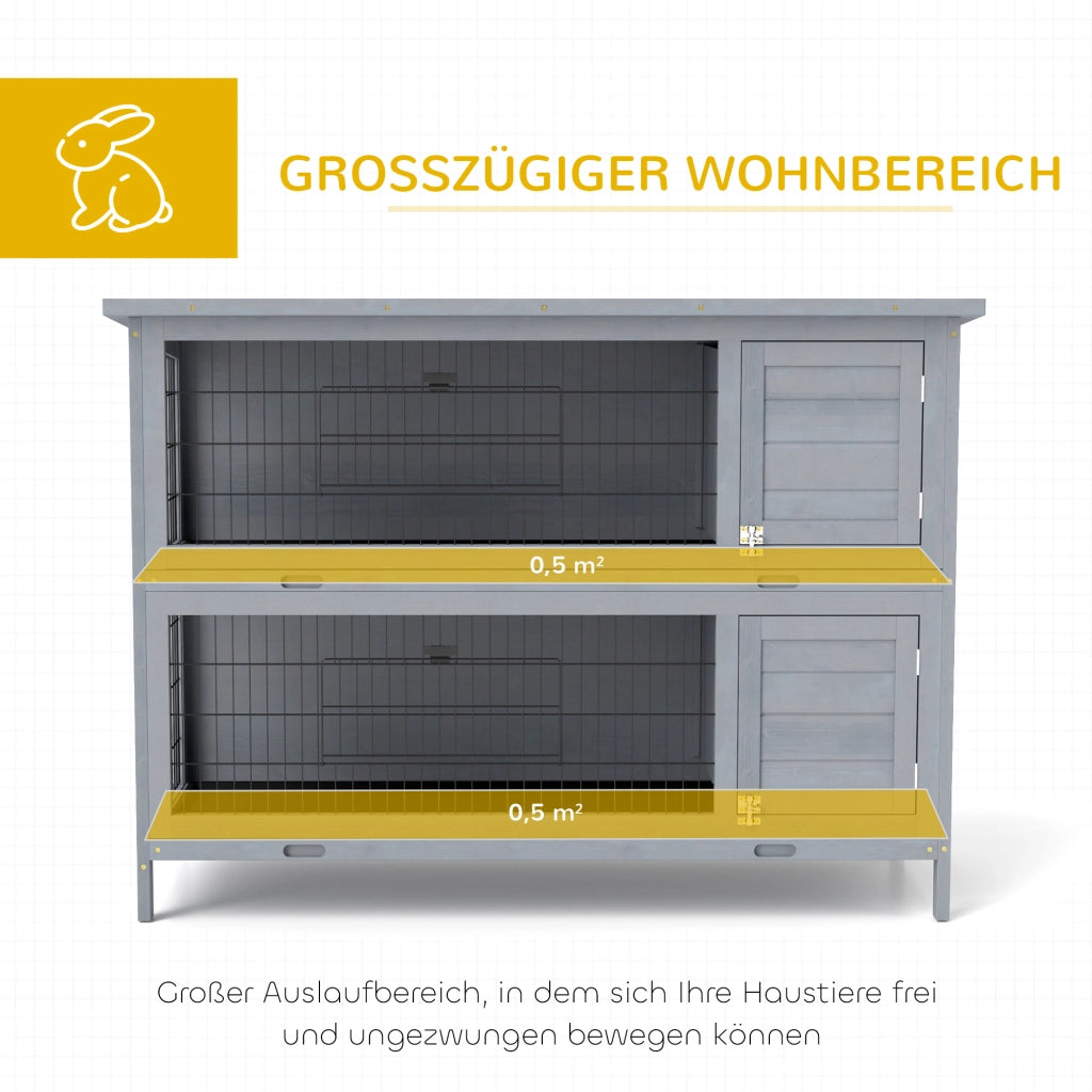 Gabbia per Conigli a 2 Piani ¨C Xylo ¨C Legno Grigio con Tetto 136x50x93cm