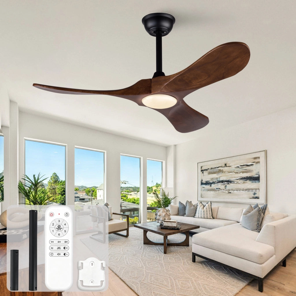 Ventilatore da soffitto da 42 pollici con luce LED dimmerabile e telecomando; nero e noce scuro