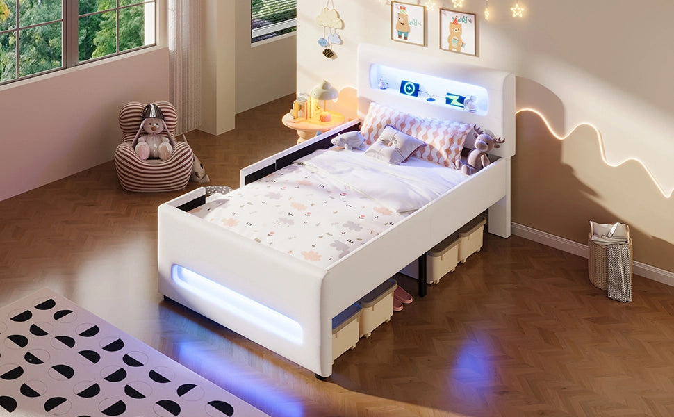 Letto imbottito a piattaforma 90 x 200 cm con scala, cassetti, strisce LED, USB e tasche contenitore - Bianco
