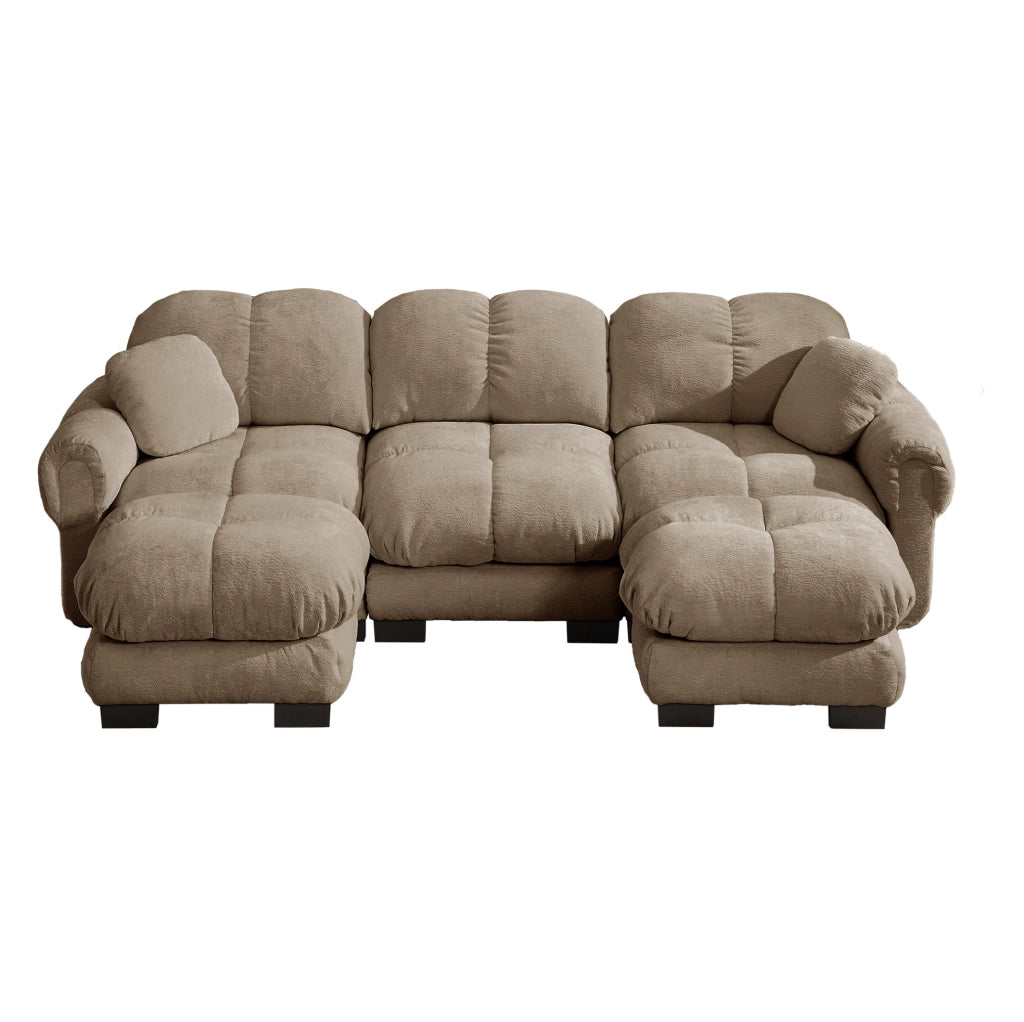 Divano a 3 posti a U in tessuto chenille marrone con pouf mobile e 2 cuscini decorativi