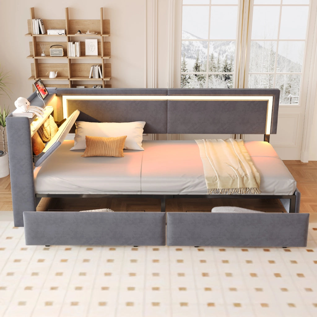 Divano letto imbottito 90×200 cm in velluto grigio scuro con testiera contenitore apribile, luci LED e porta USB, senza materasso