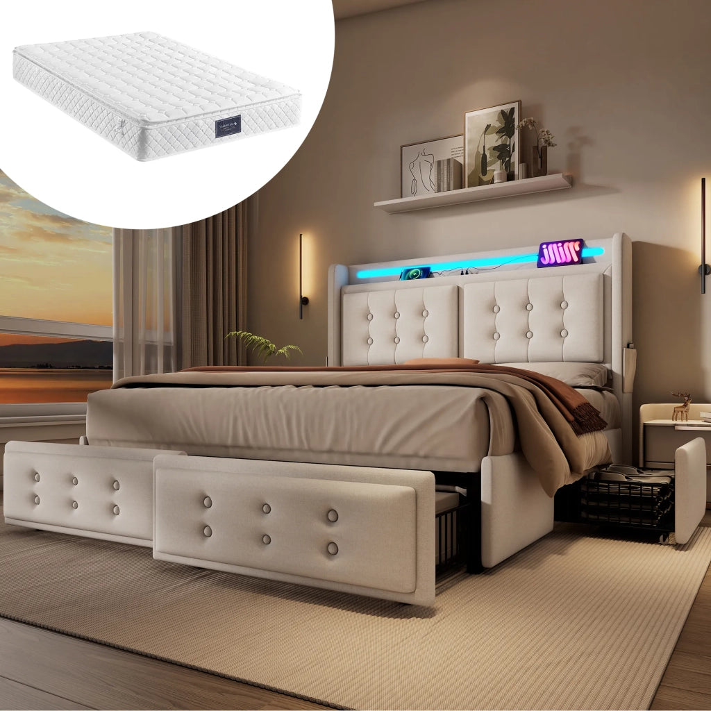Letto matrimoniale imbottito 160x200 cm, beige, cotone. Testiera in pelle con ricarica USB C, 4 cassetti. Rete a doghe legno/metallo, portata 300 kg. Con materasso.
