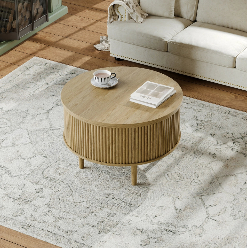 Tavolino da salotto rotondo 80x80x50 cm con piano regolabile e funzione scorrevole, superficie tondo naturale