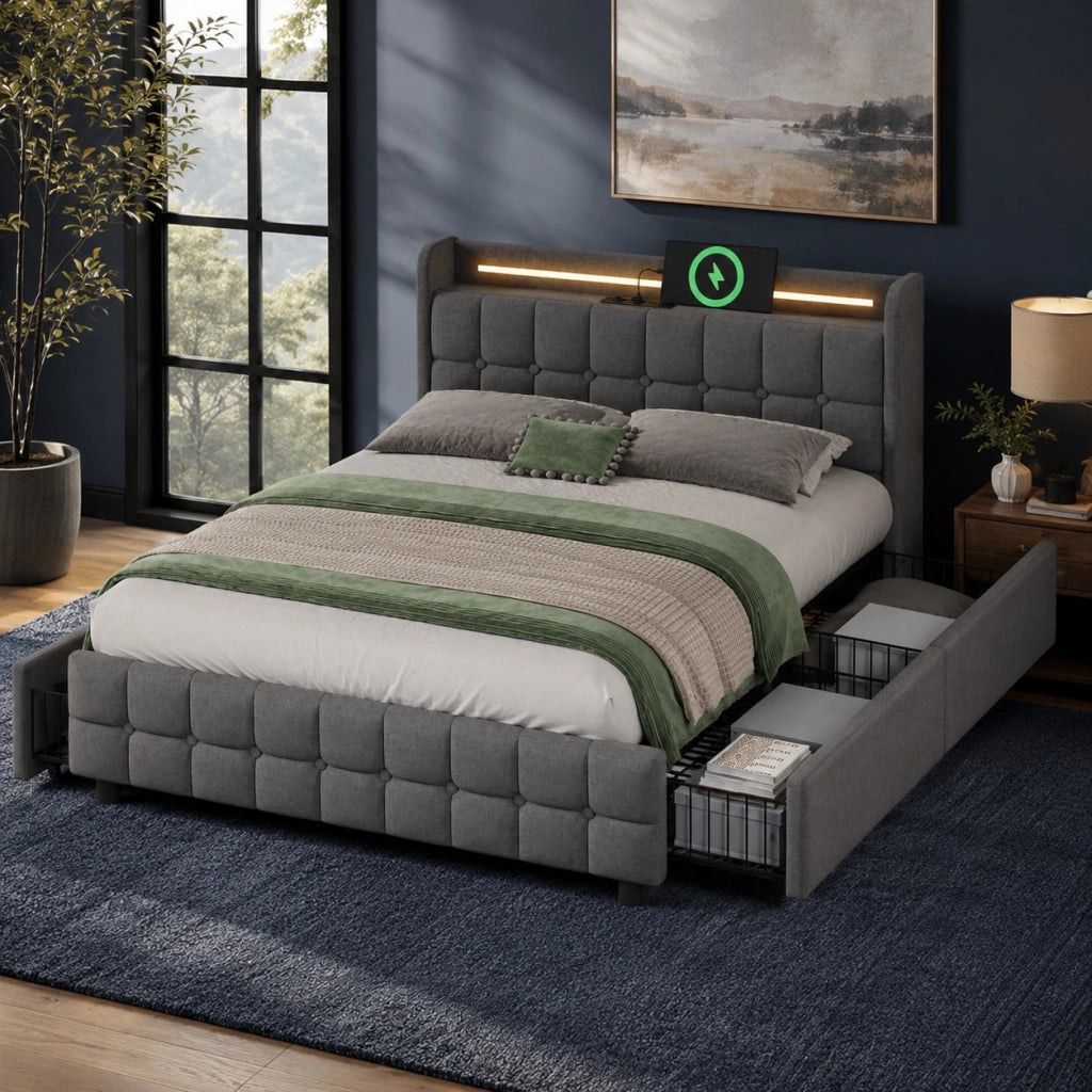 Letto matrimoniale imbottito 160x200 cm con testiera con ricarica USB e LED, 4 cassetti, contenitore, rete a doghe in legno - Grigio (Senza materasso)