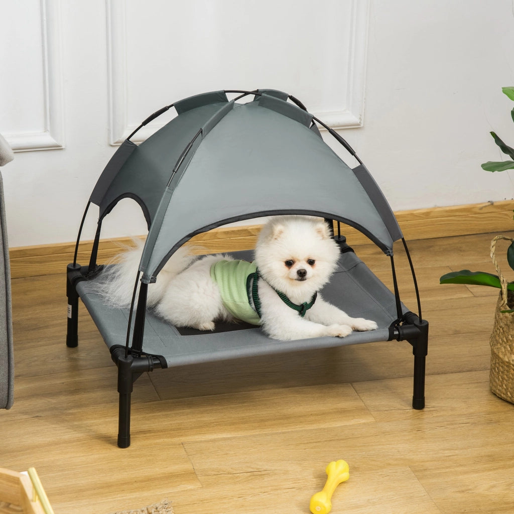 Lettino Rialzato per Cani con Tettuccio Parasole Brandina per Esterno e Campeggio Traspirante Grigio 61 x 46 x 62 cm