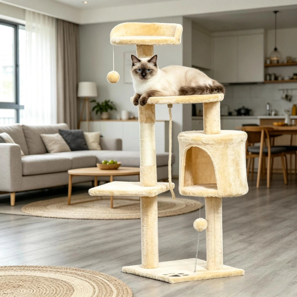 Tiragraffi per gatti a 4 livelli con 3 piattaforme; nicchia sospesa e 3 giochi in peluche beige 40 × 40 × 114 cm