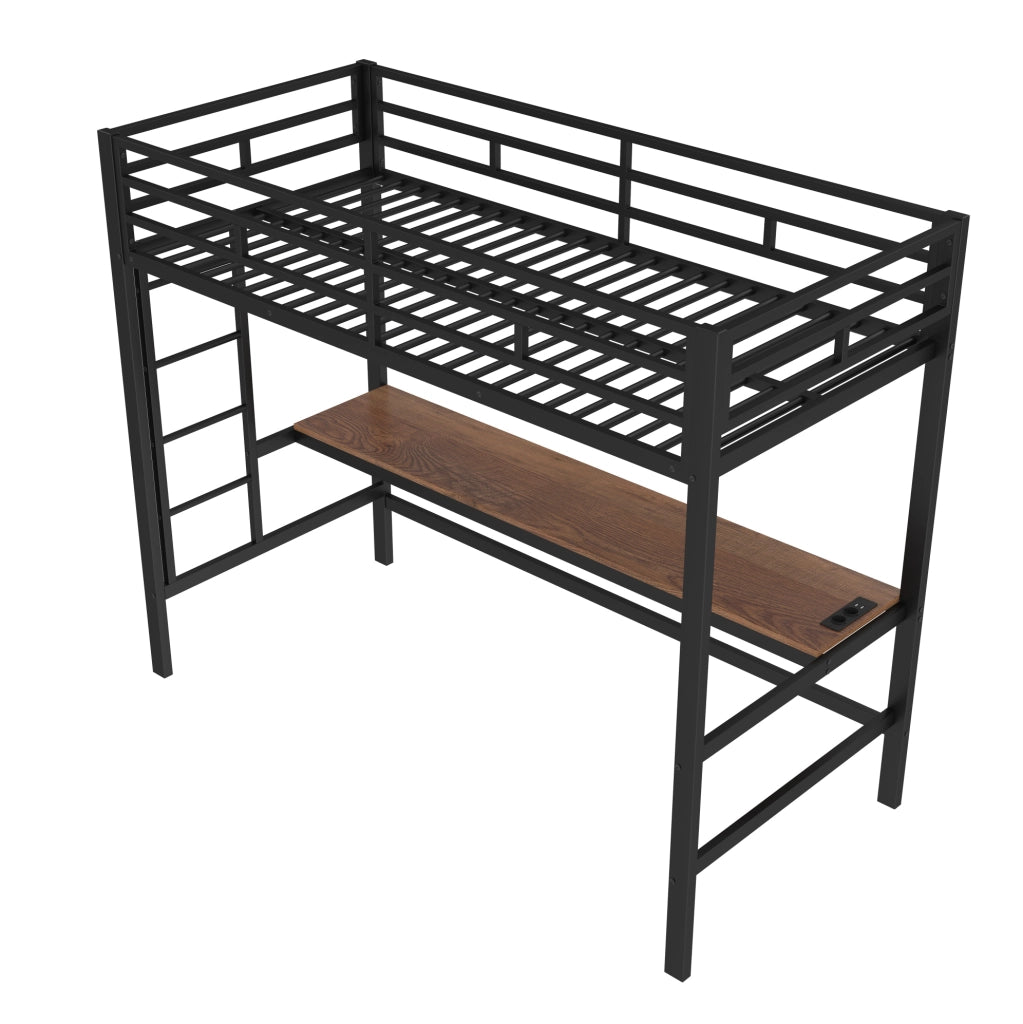 Letto a soppalco ULEVR 90x200 cm con scrivania, LED RGB, prese USB e Type-C, struttura in metallo nero