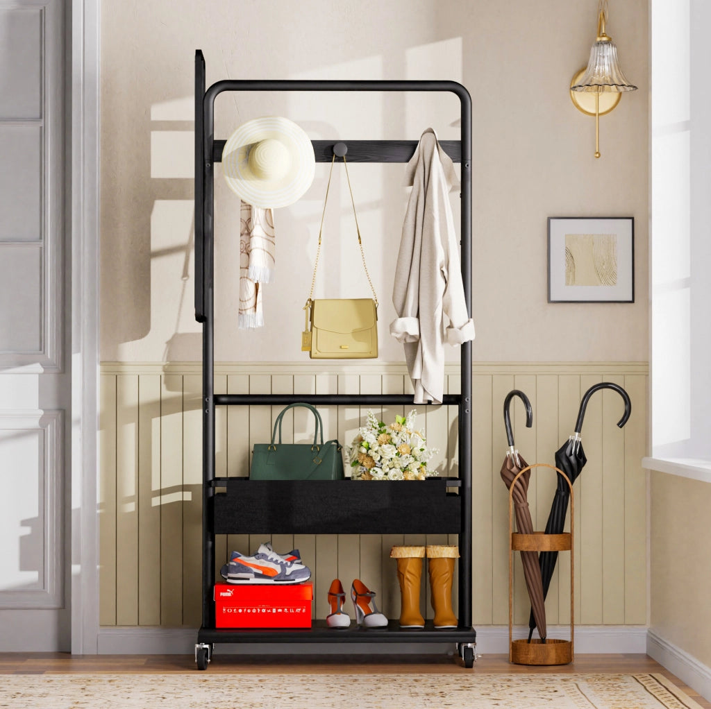 Appendiabiti mobile in metallo con specchio 70x40x170 cm, design 3-in-1 con cesto e ruote, colore nero
