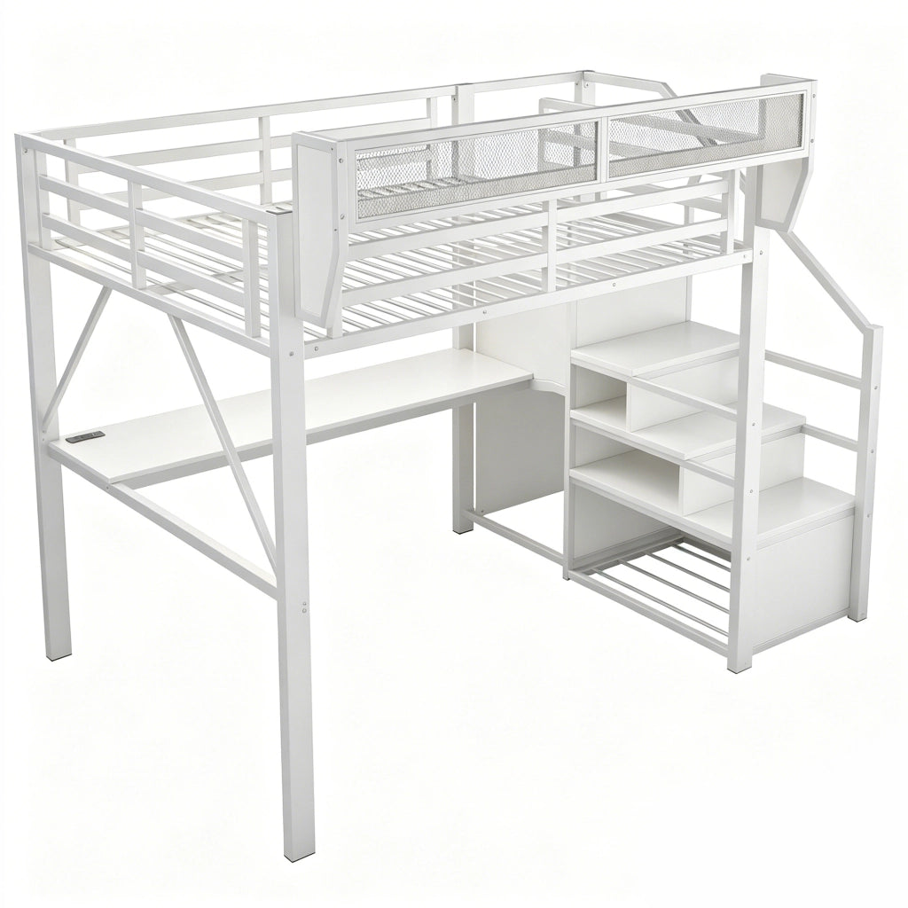 Letto a soppalco 140 × 200 cm con scrivania da 2 m LED scaffale regolabile in metallo e MDF bianco