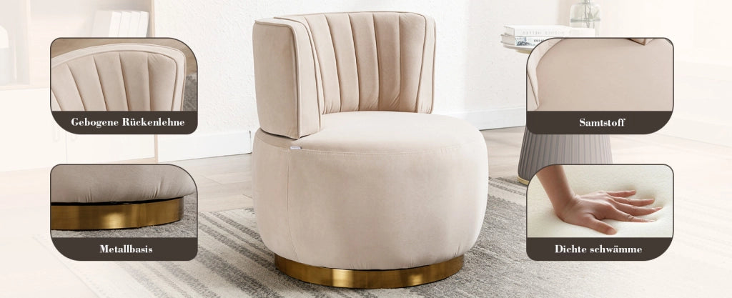 Sedia girevole moderna in velluto beige con struttura in legno e metallo, 62,5x62x69,5 cm, per soggiorno e camera da letto