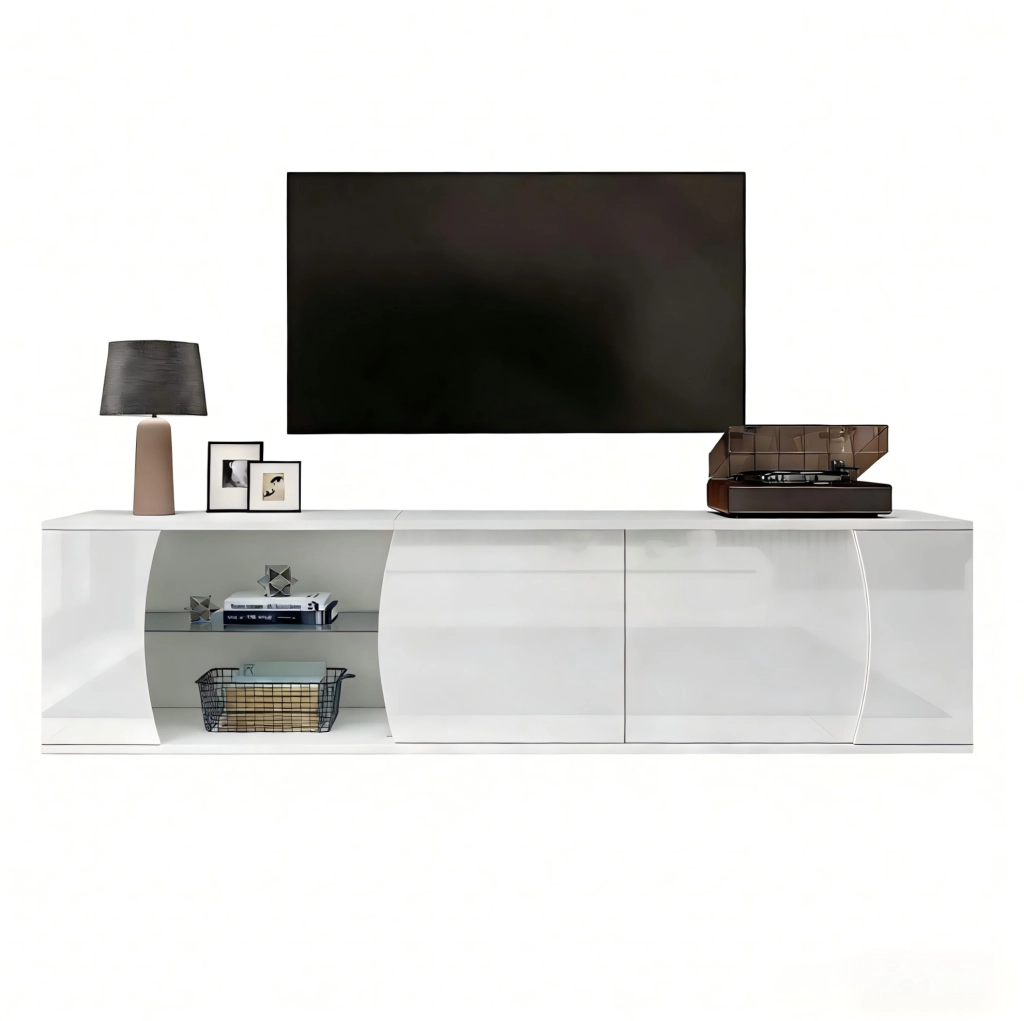 Mobile TV bianco lucido 180 cm con LED, 3 ante e ripiani in vetro