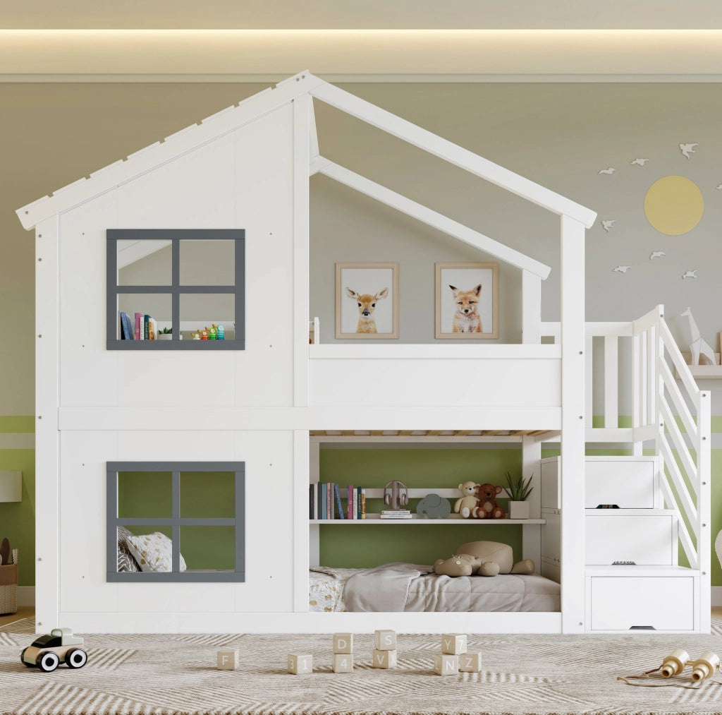 Letto a castello per bambini con scala contenitore a 3 gradini, finestrini e tetto, struttura in pino e MDF, bianco e grigio, 90x200 cm