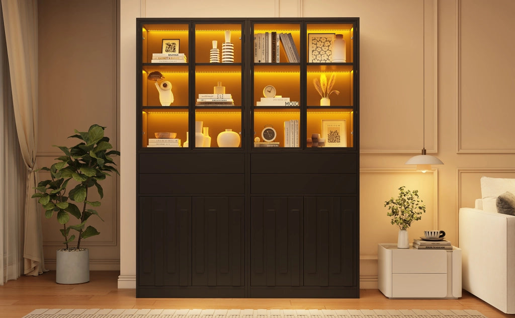 Set di 2 Vetrine Nero 70×34×180 cm in Truciolato con 2 Ante in Vetro, 2 Cassetti e Illuminazione LED Bluetooth