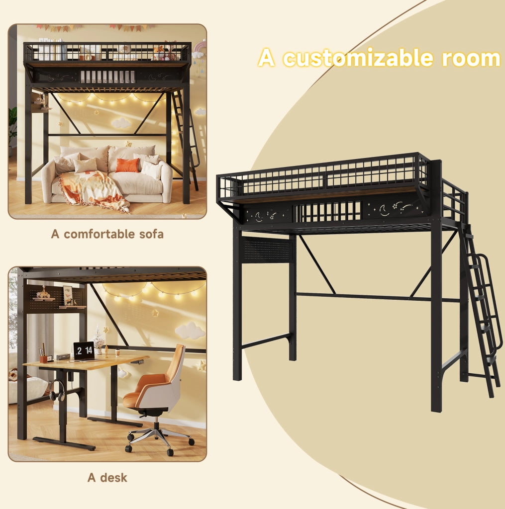 Letto a soppalco in metallo 90 x 200 cm con vani portaoggetti; nero