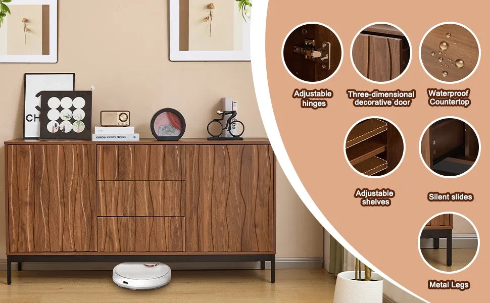 Sideboard 150 cm in legno di quercia scuro venato, stile Mid Century Modern con 3 cassetti e ampia nicchia aperta. Mobile decorativo per cucina, soggiorno, ingresso e corridoio
