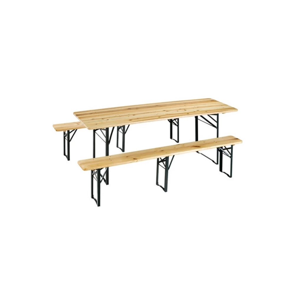 Set tavolo 220x70 cm e panche 220x25 cm a tre gambe in legno di abete mod. Birreria