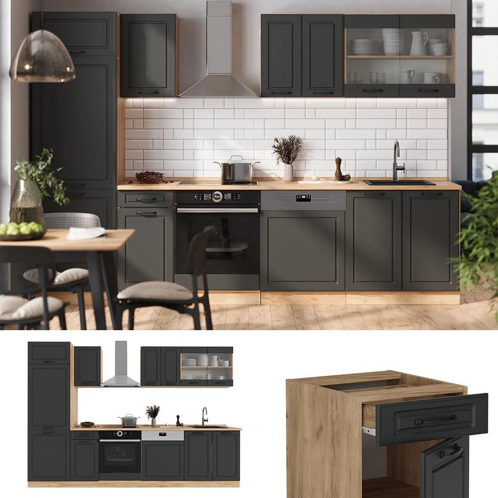 Cucina componibile R-Line Antracite rustico/Rovere dorato 300 cm, PL Rovere Vicco