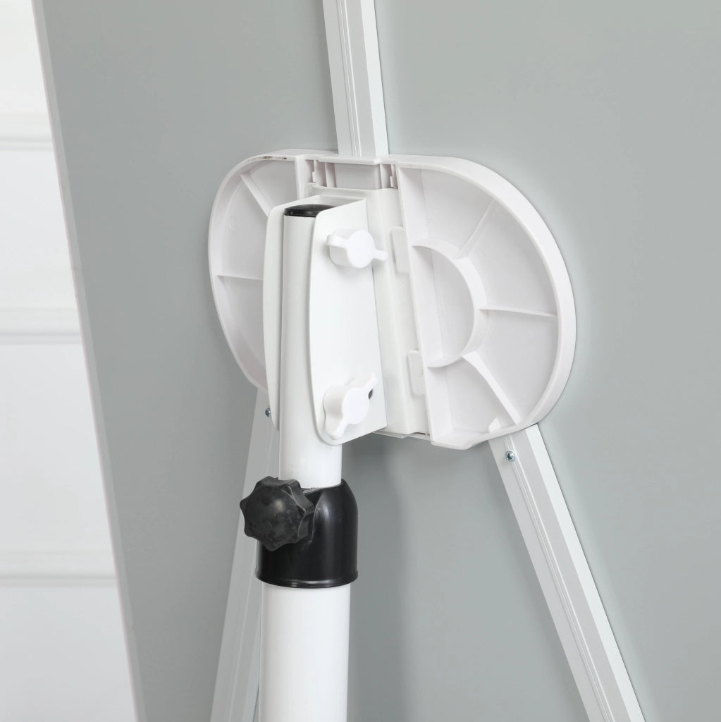 Lavagna magnetica in vetro temperato 90x60 cm con altezza e inclinazione regolabili, superficie cancellabile a secco, base ABS con ruote bloccabili, bianca