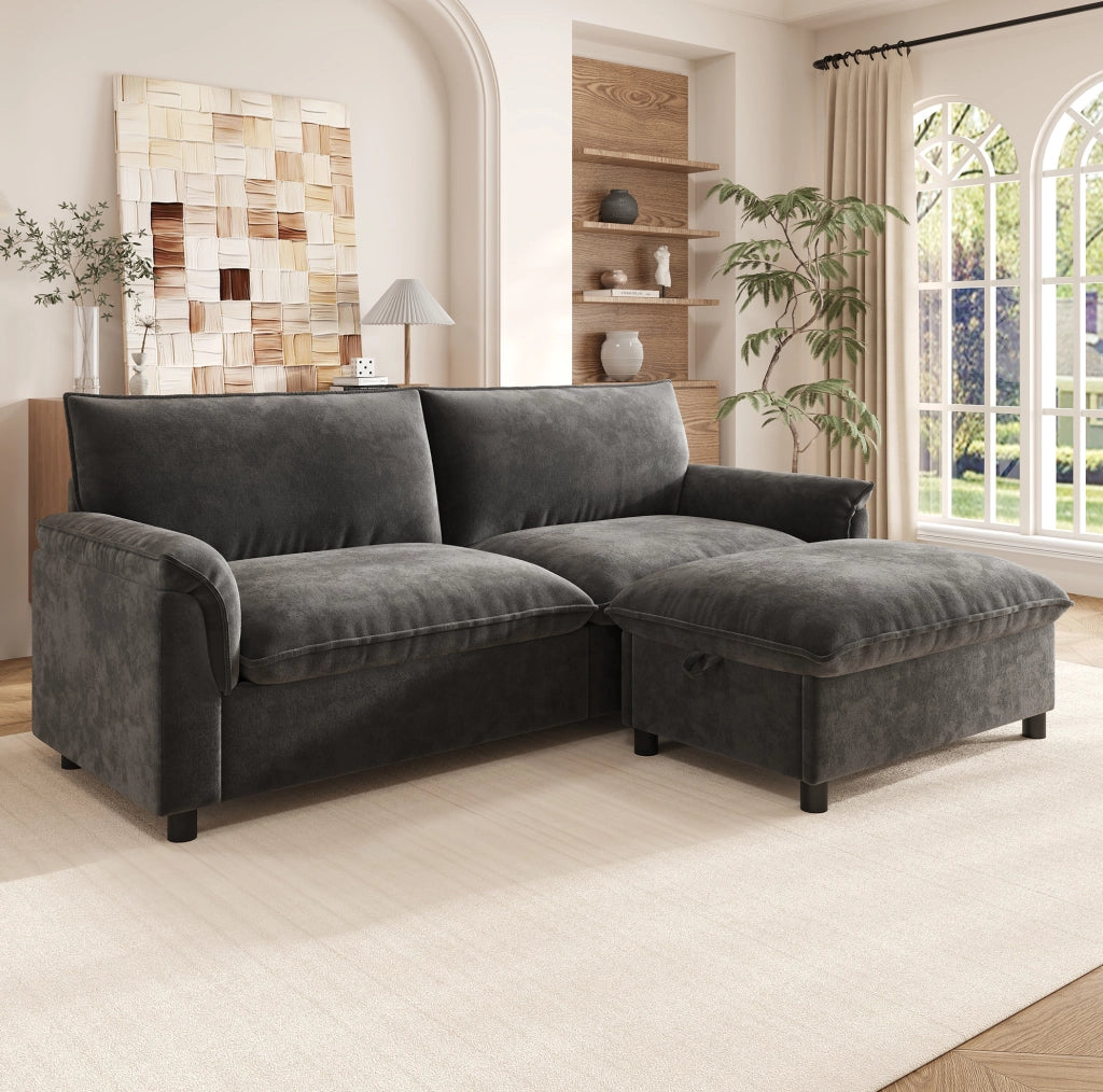 Divano modulare con pouf mobile e contenitore, rivestimento in ciniglia grigia