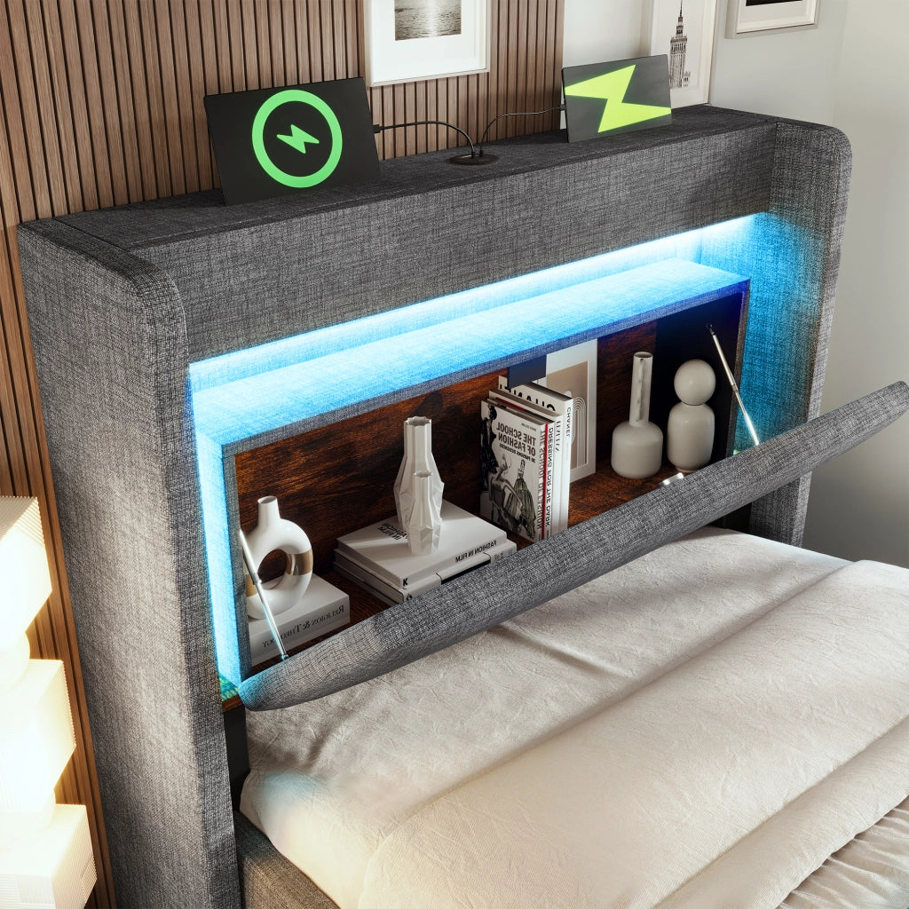 Letto contenitore singolo 90 × 200 cm con cassetto; LED regolabile; USB e tipo C; senza materasso; grigio