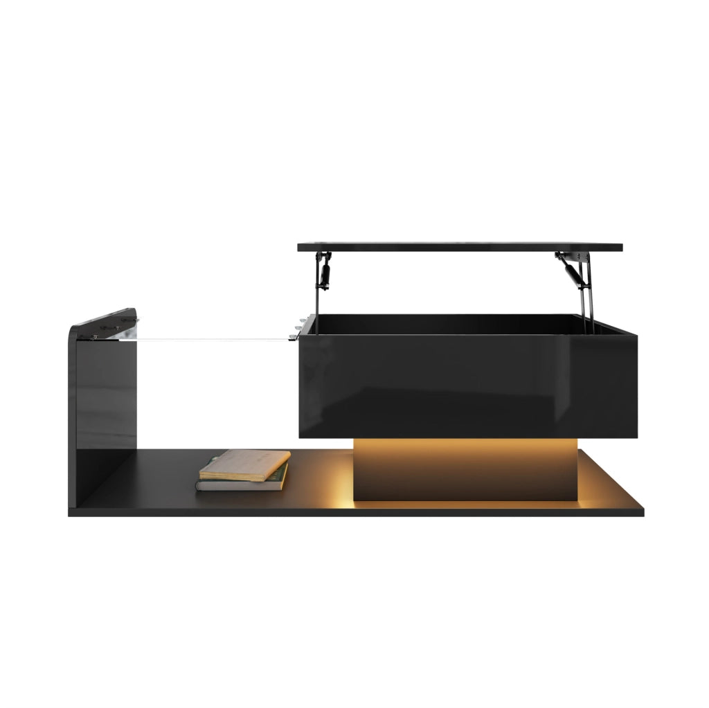 Tavolino da caffè nero lucido con piano in vetro, illuminazione LED e vano contenitivo
