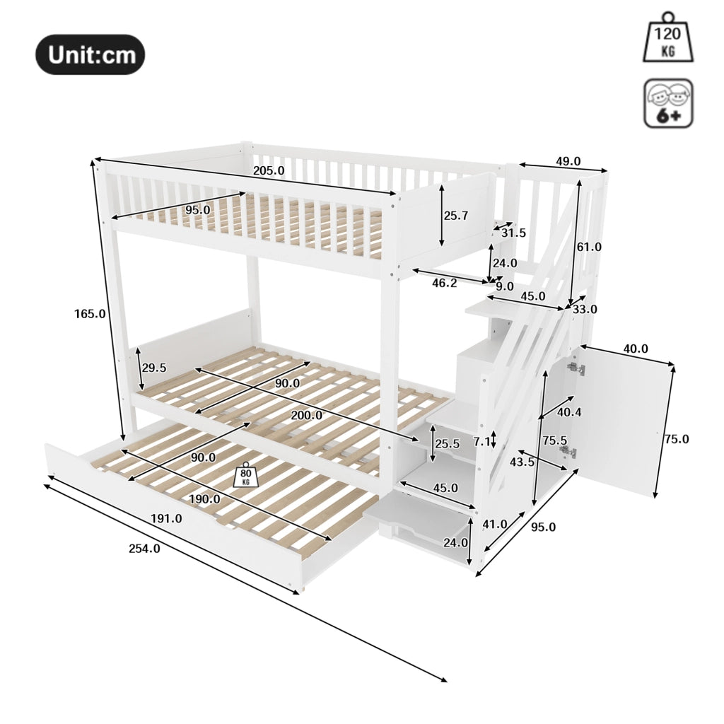 Letto a castello per bambini con letto estraibile; armadio; scaffale e vano contenitore 90x200 cm bianco
