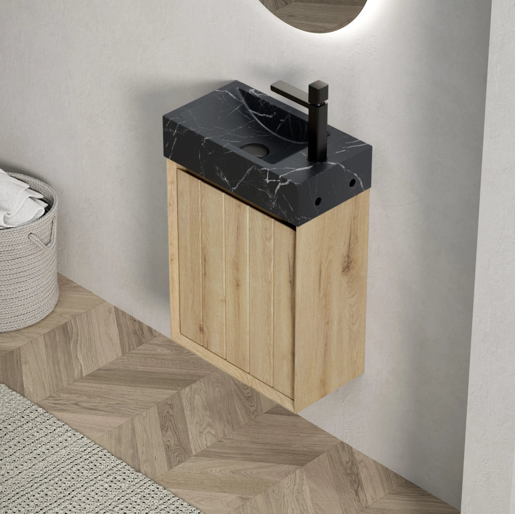 Mobile bagno 40 cm con lavabo integrato in marmo nero e struttura in compensato effetto quercia bianca